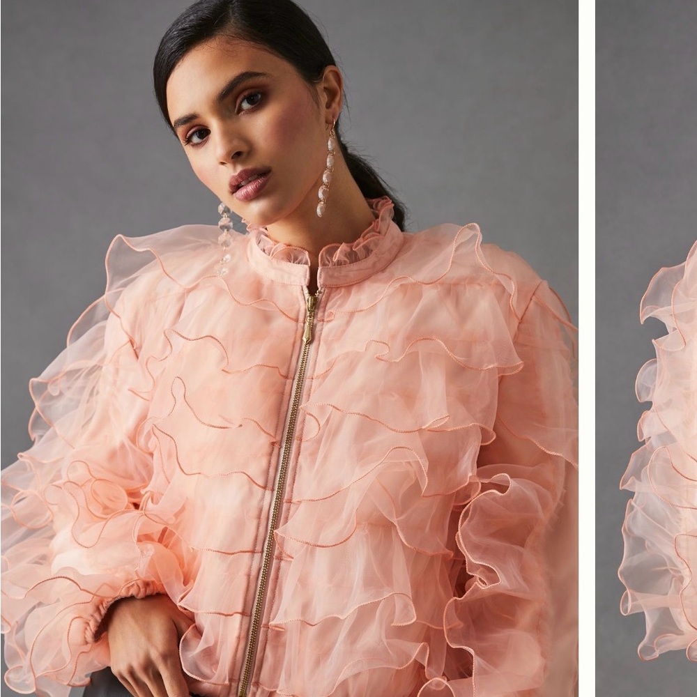 Eva Franco Anthropologie Peach Ruffle Sheer Bomber Jacket Sz 4